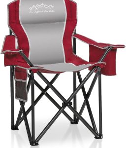 Folding Camping Chair Portable Outdoor Heavy Duty Padded Chairs Lawn Chair with Cup Holder, Storage Pocket and Cooler Bag, Supports 450LBS Red